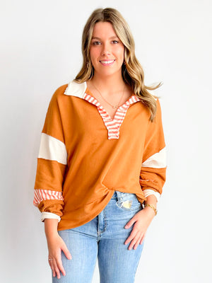 Mina Colorblock Collared Top | Rust