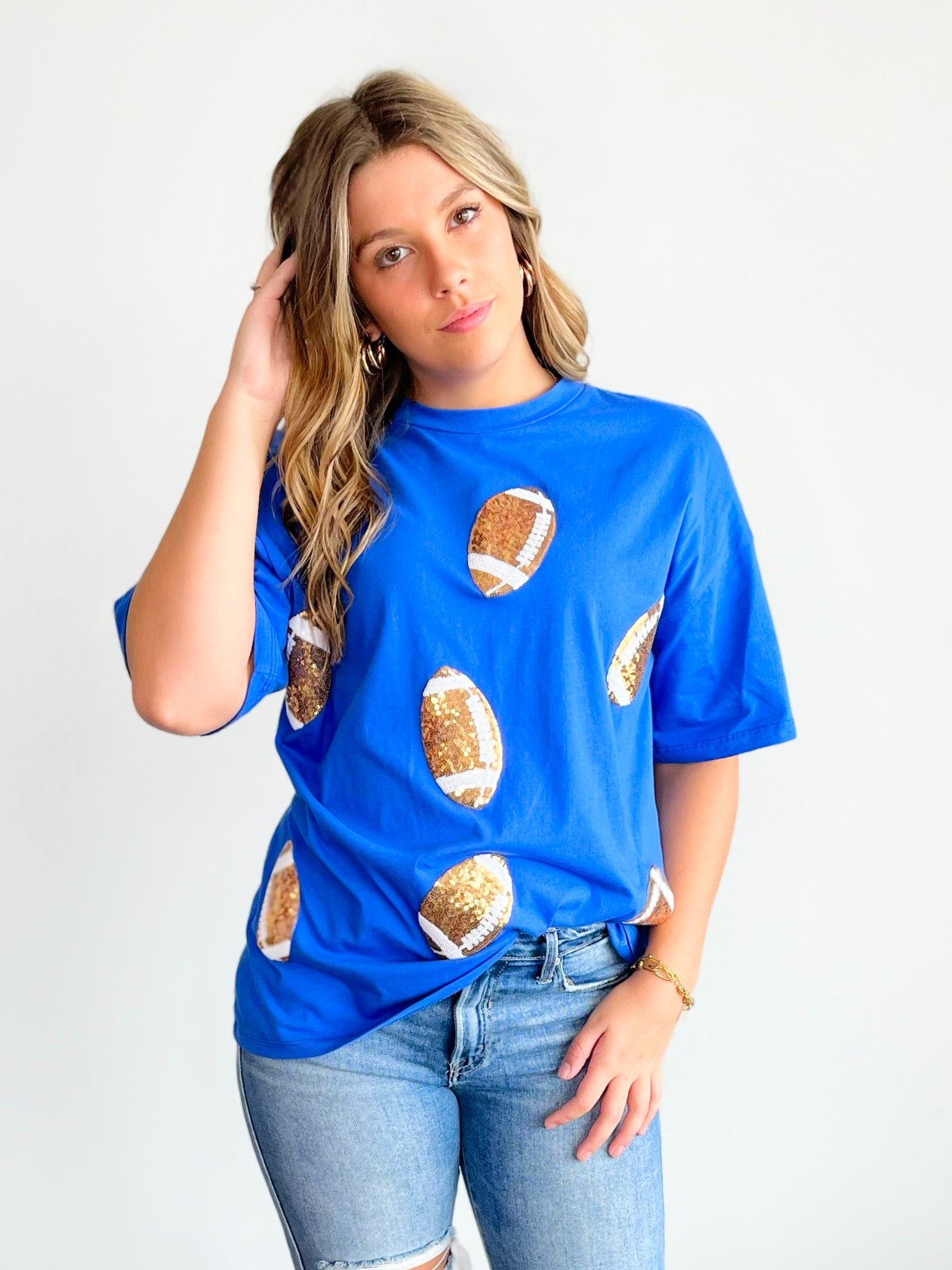 Sequin Football Tee | Royal