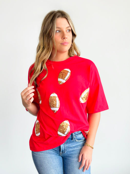 Sequin Football Tee | Red