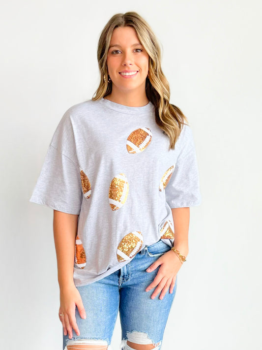 Sequin Football Tee | Heather Grey