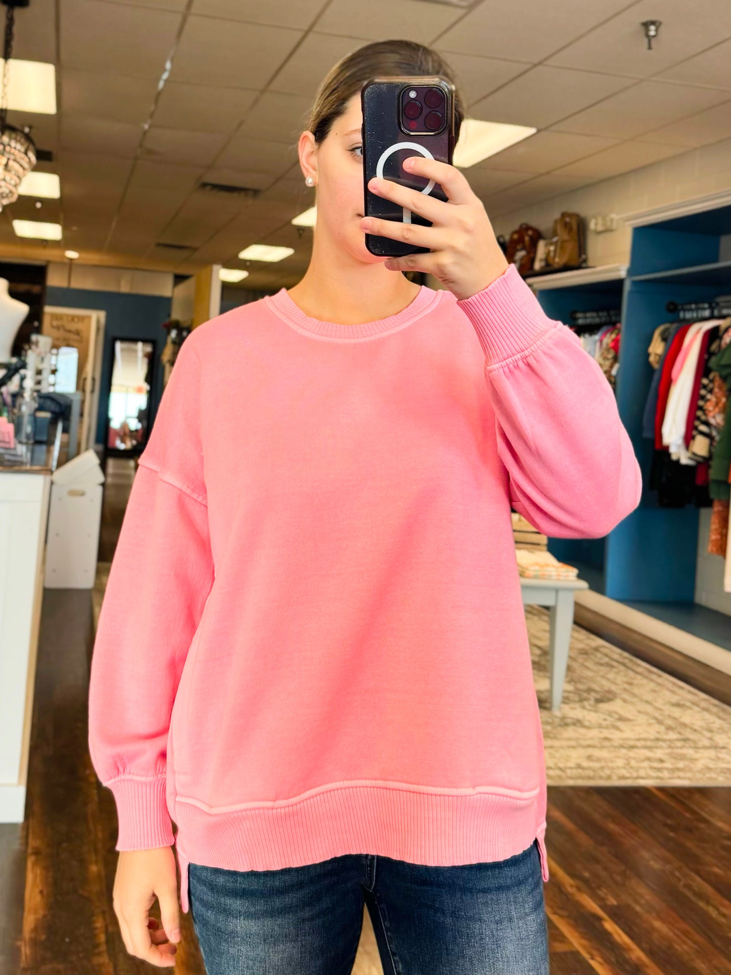 Romy Pigment Dyed Fleece High Low Pullover | Candy Pink