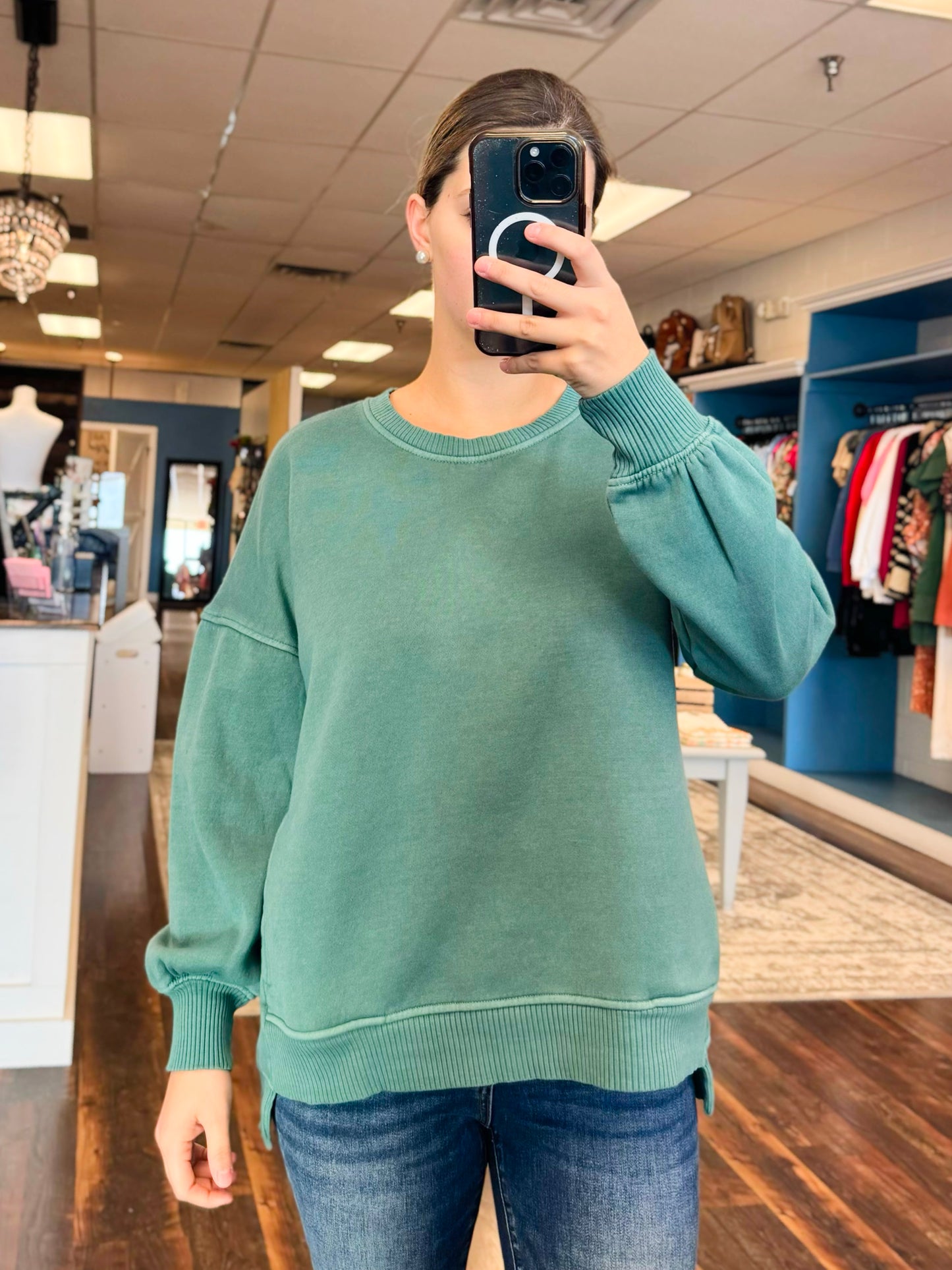 Romy Pigment Dyed Fleece High Low Pullover | Teal