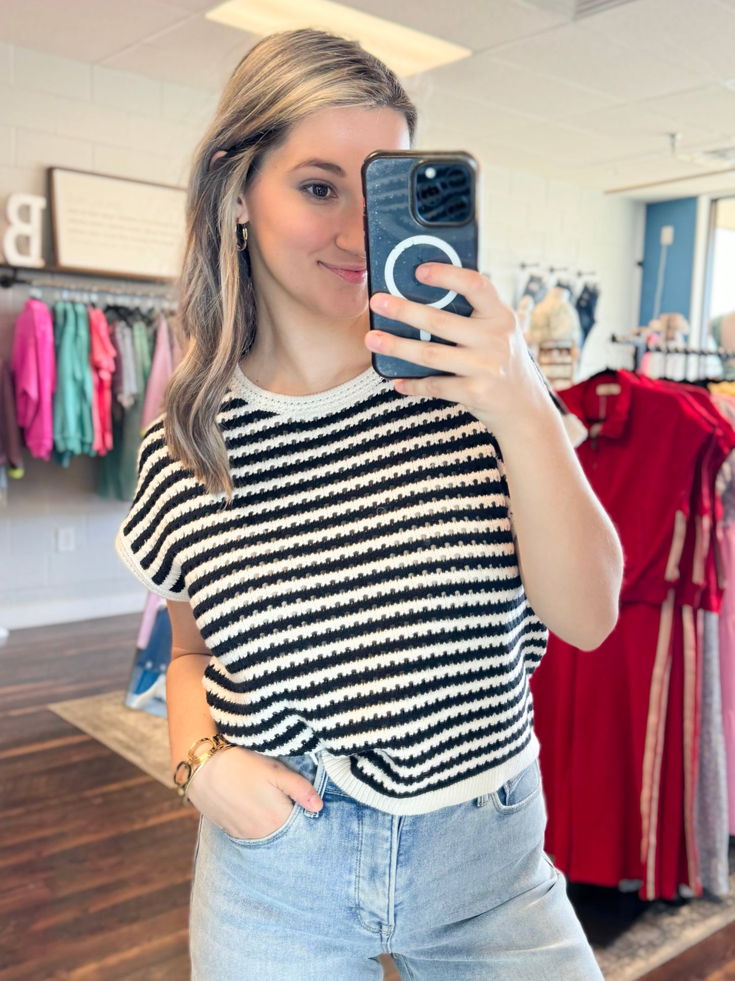 Isabella Crochet Striped Sweater Top | Black