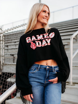 Game Day Sequin Patch Fringe Sweatshirt -Black