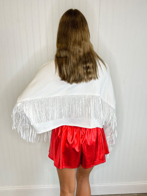 Game Day Sequin Patch Fringe Sweatshirt -White