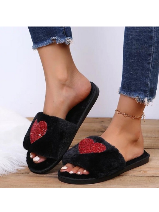 Glitter Heart Slippers -Black