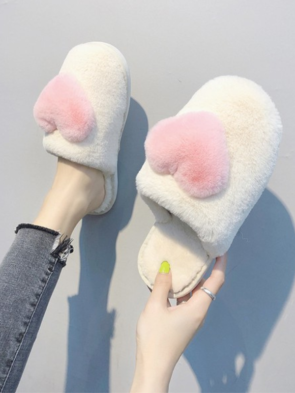 Faux Fur Heart Puff Slippers